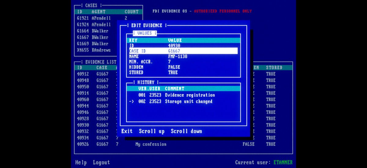 Retro FDI evidence database on a blue terminal screen